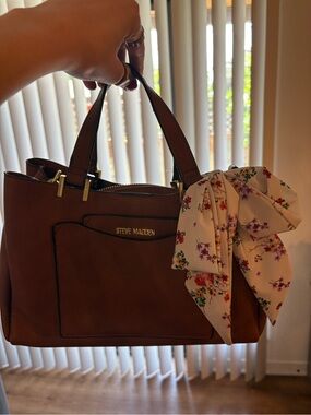 Steve Madden Brown Satchel with Floral Scarf Accent